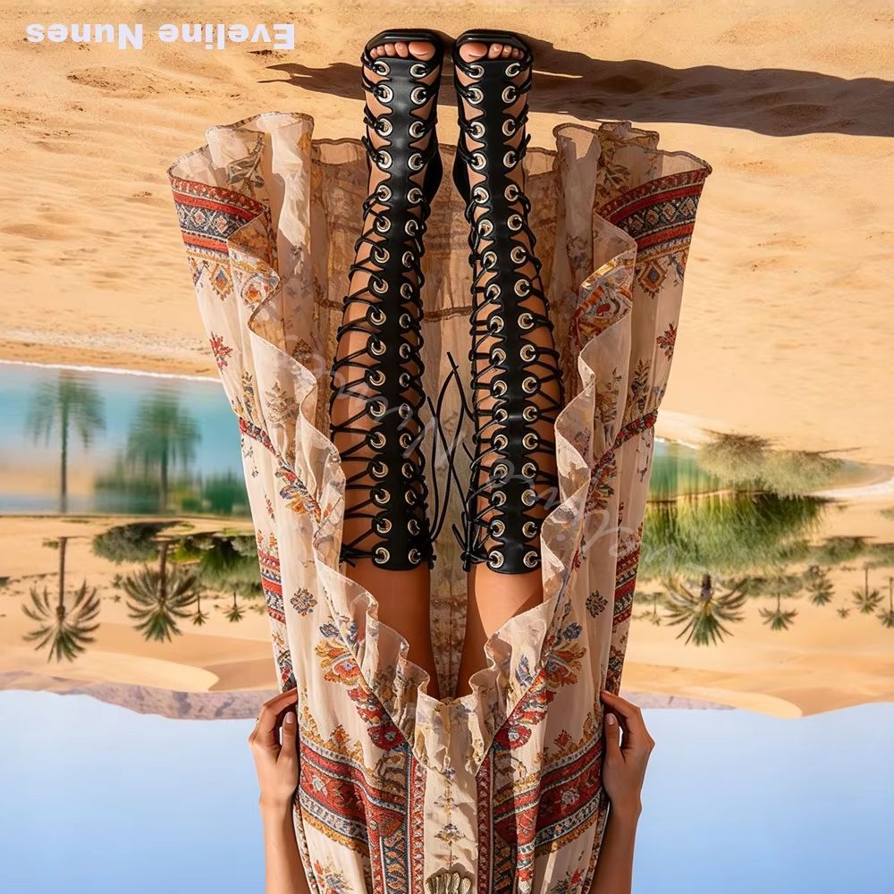 Women'S Fashion Knee High Boots - Gladiator-Sandalen für Damen, kniehoch, mit eckiger