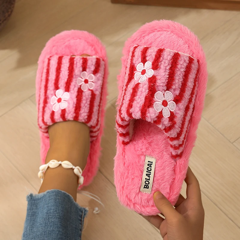 Women'S Fashion Korea - Blumenstickerei-Streifen-Plüschpantoffeln für Damen, Modische Offene Zehenpartie,