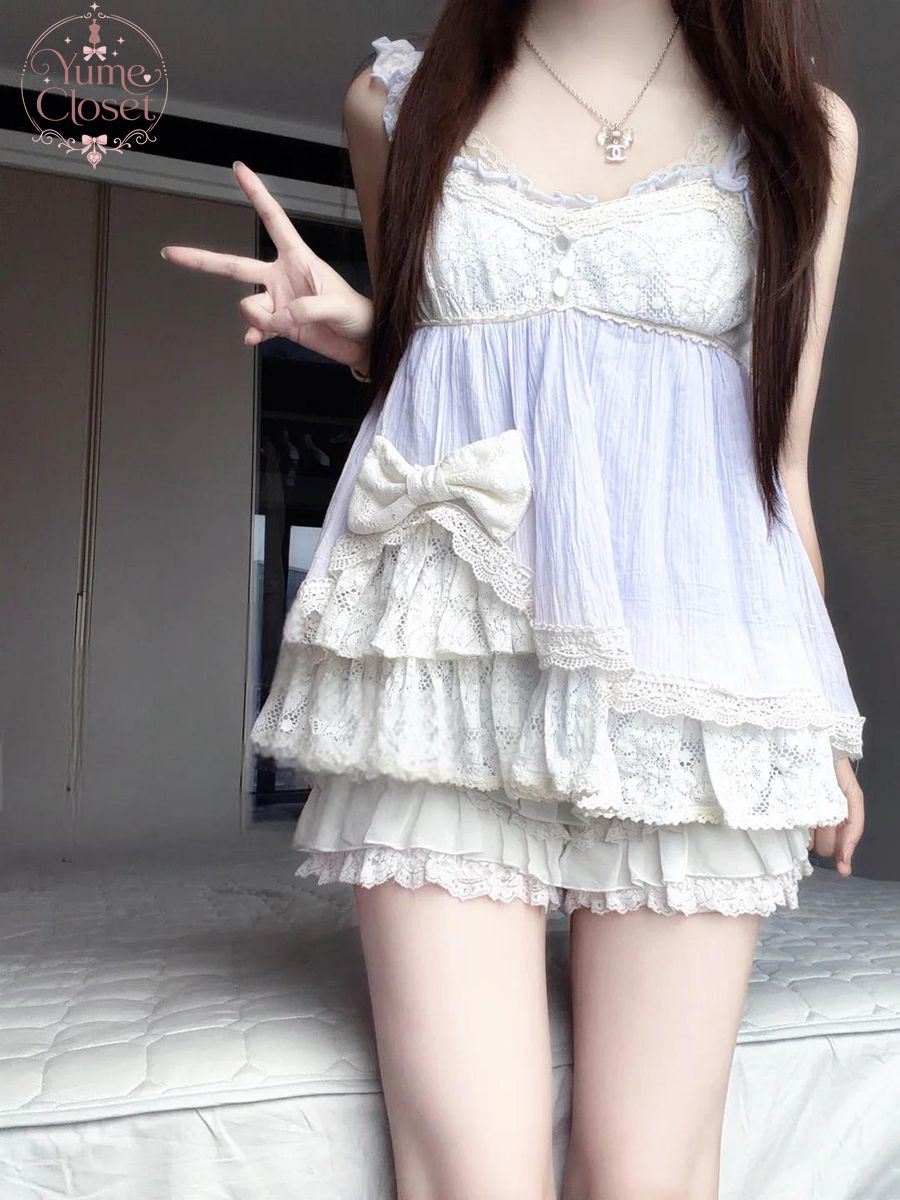 Lace Trim Cami - Coquette Ryousangata Dollcore Japanisches Vintage 2-Teiliges