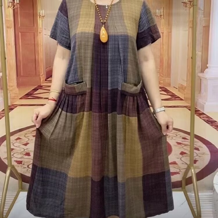 Women Fashion Over The Years - Sommerliches, großes Baumwoll-Leinen-Karo-Kleid mit doppelten Taschen