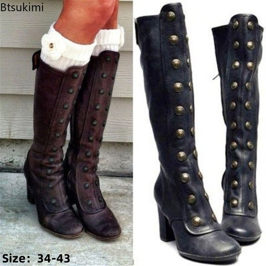 Women'S Fashion Knee High Boots - Retro Schwarze Modische Nieten-Verzierte Stiefel mit