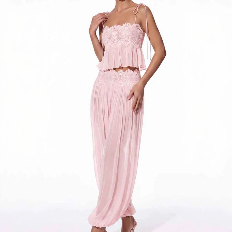 Lace Trim Cami - Damen-Set mit langer Hose, quadratischem Ausschnitt,