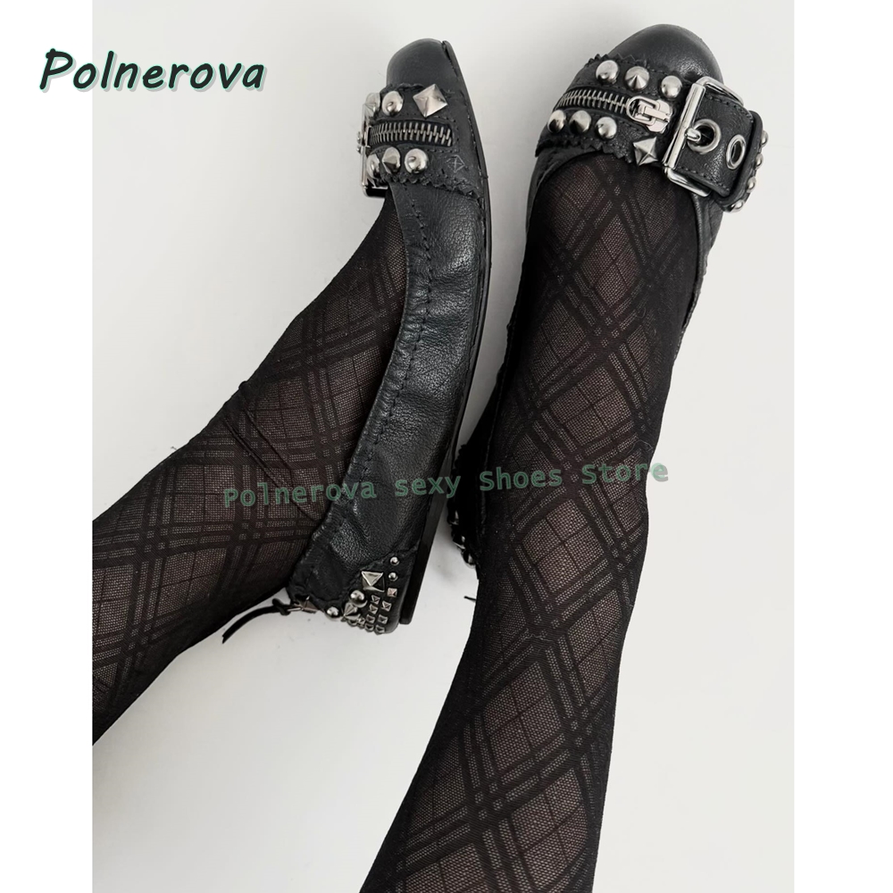 Women'S Fashion Shoes - Nieten-Gürtelschnallen Mary Jane Schuhe Spitze Flache