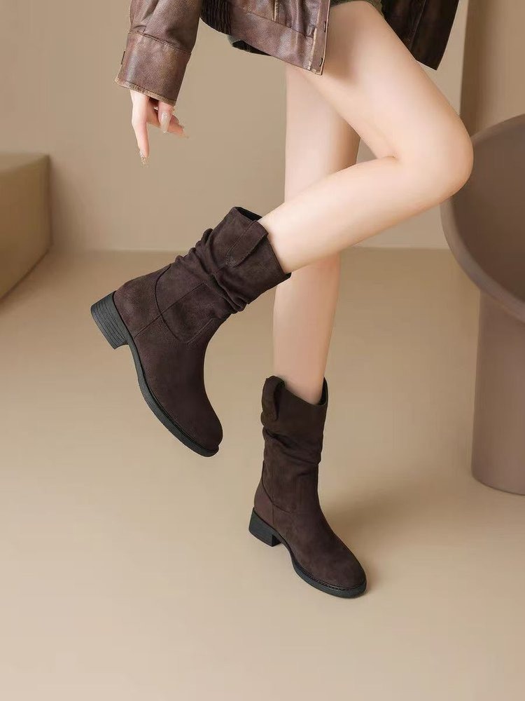 Women'S Fashion Korea - Retro Maillard-Stil, Kunstwildleder, Blockabsatz, Stiefel bis