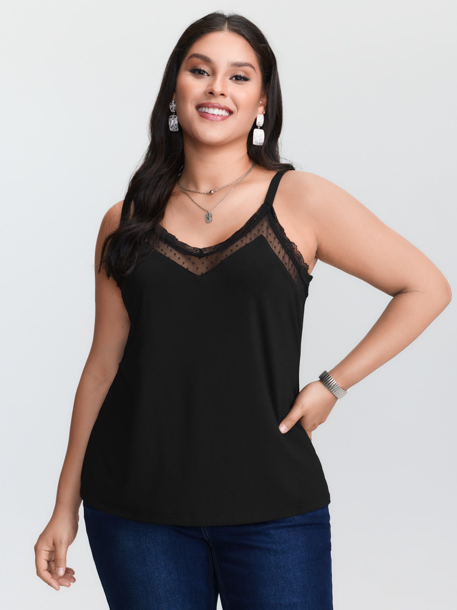Lace Trim Cami - Schwarzes, gestricktes Tanktop in Übergröße, mit