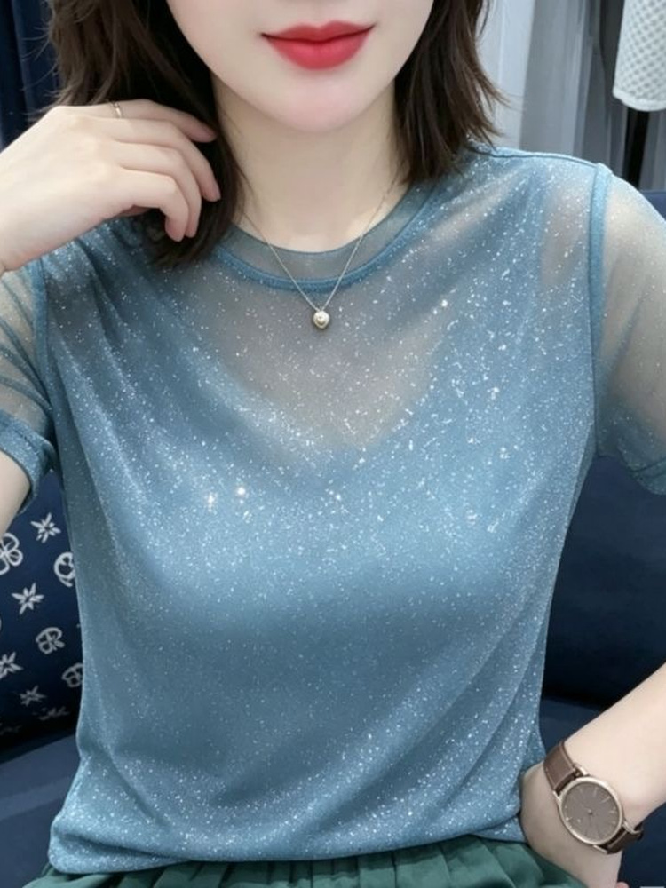 Women Fashion Over The Years - Glänzendes Pailletten-T-Shirt mit elastischem Netzstoff, ärmellos,
