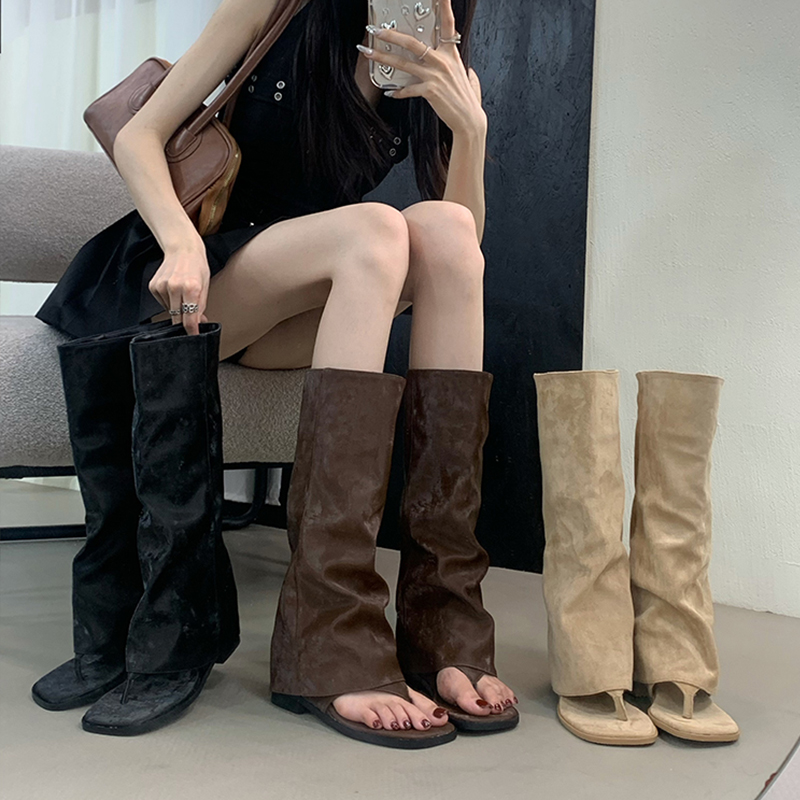 Women'S Fashion Korea - Ausgehöhlte Damenstiefel mit Samtmanschette, mittelhohe modische