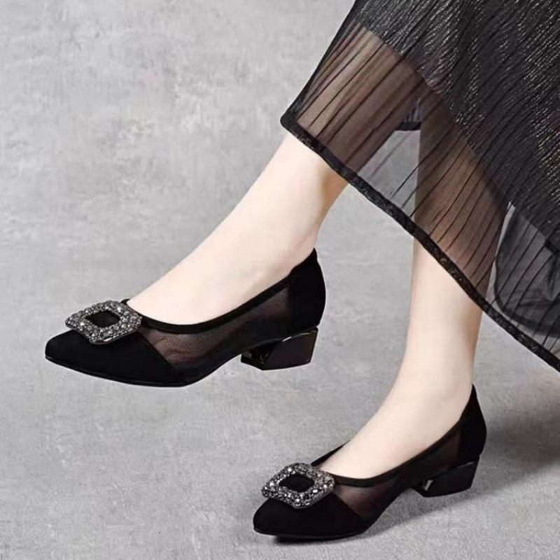 Women'S Fashion Shoes - Elegante Spitze Mesh-Pumps mit Blockabsatz, Strass-Quadratschnalle