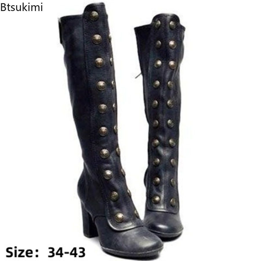 Retro Schwarze Modische Nieten – Women'S Fashion Knee High Boots Bewertung und Preis